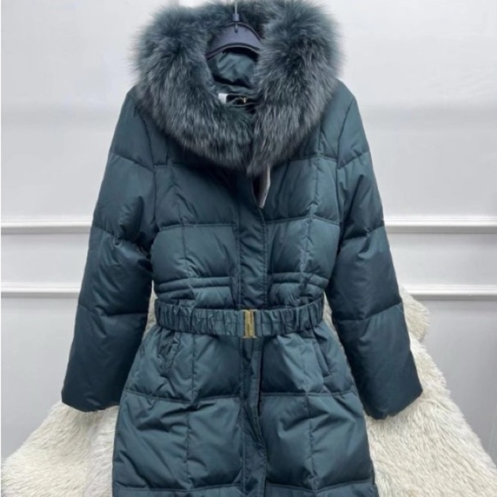 Women's Belted Puffer Jacket with Fur Collar - Teal